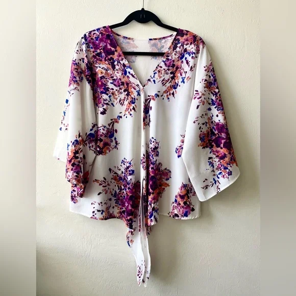 LAST CHANCE SALE!Floral Print Colorful Boho Front Tie Blouse Wide Kimono Sleeves - Picture 10 of 10